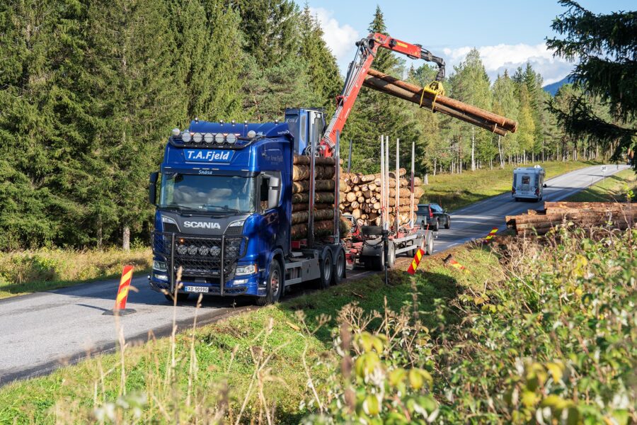 Tømmerbil laster tømmer langs offentlig vei