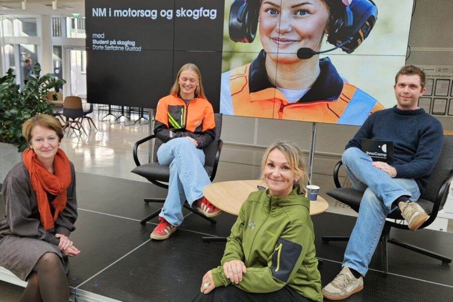 Fire mennesker på en scene, med bilde av dame med hjelm i bakgrunnen.
