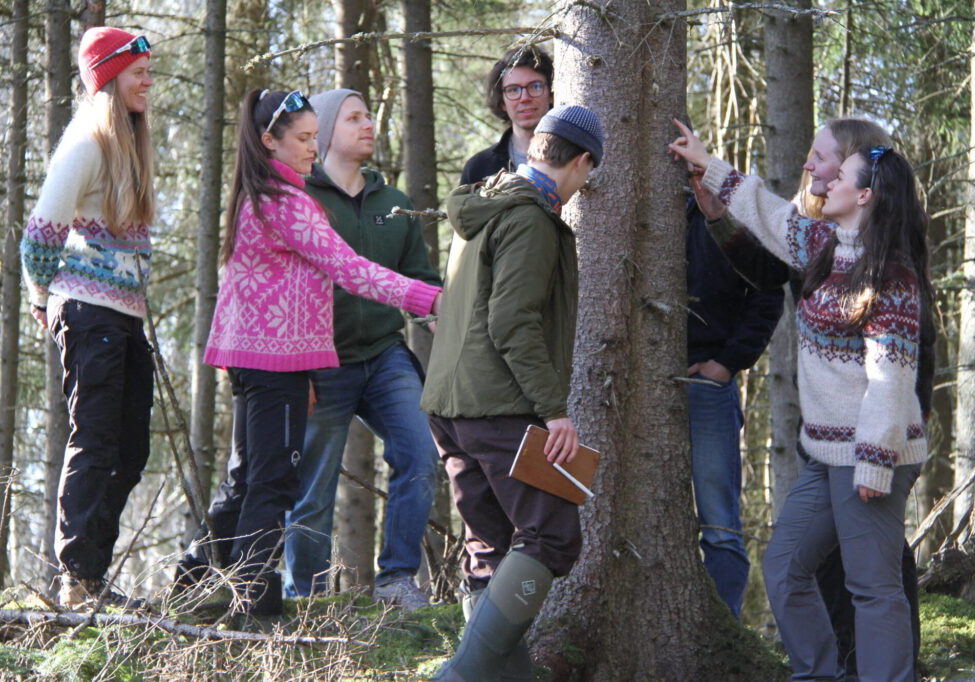 Studenter på praksisøvelse i skogen.