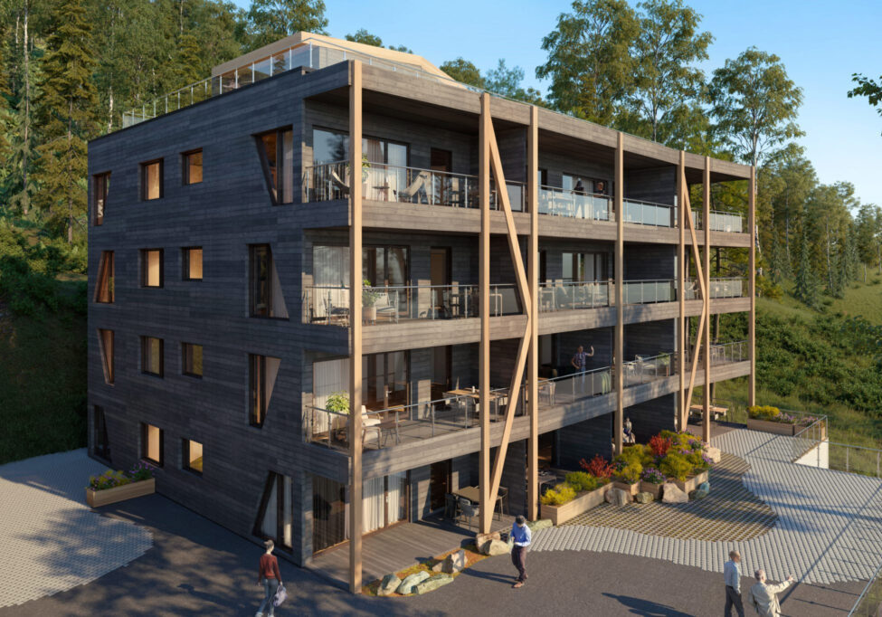 Trehusene-på Løkenåsen - tegninger fra Boligpartner Treblokkene: Innholdet i den ferdige blokka har forandret seg med markedet tre ganger siden den første tegningen ble laget. Denne fleksibiliteten er den store fordelen med det nye element-byggekonseptet som BoligPartner og Støren Treindustri utarbeidet sammen med rådgivere og arkitekter. Ill: BoligPartner